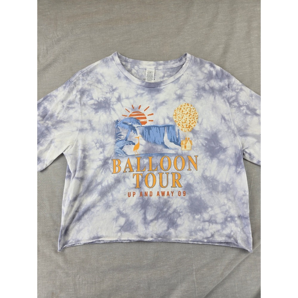 Disney Pixar Up Balloon Tour Tie Dye Graphic T-Shirt Purple White Medium Raw Hem